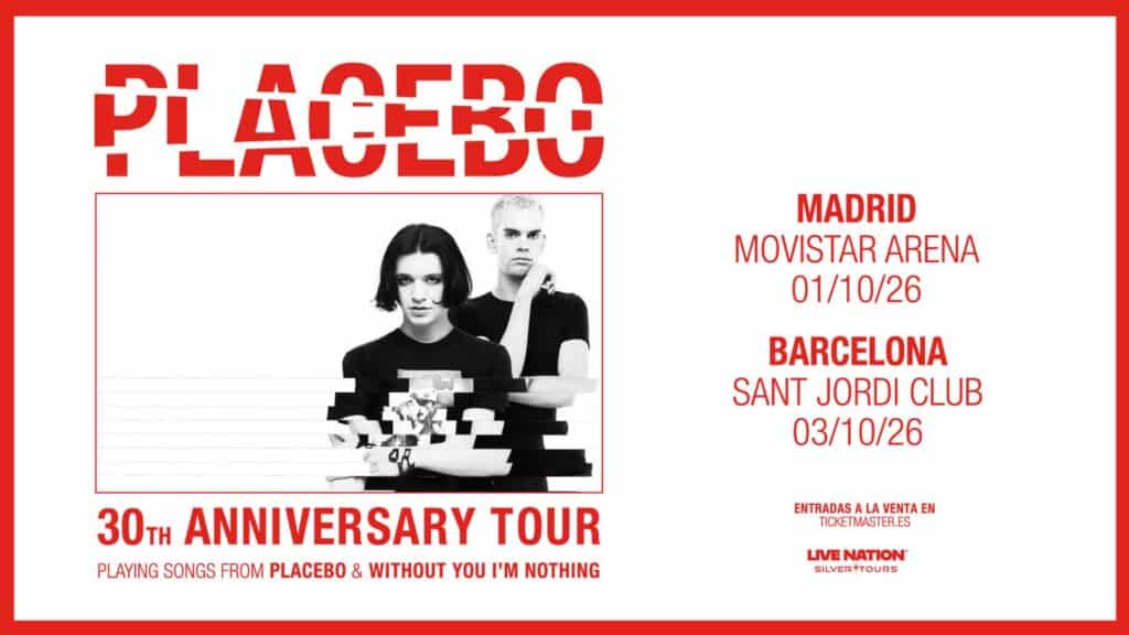 Cartel del 30th Anniversary Tour de Placebo: Madrid, 1 de octubre, y Barcelona, 3 de octubre de 2026