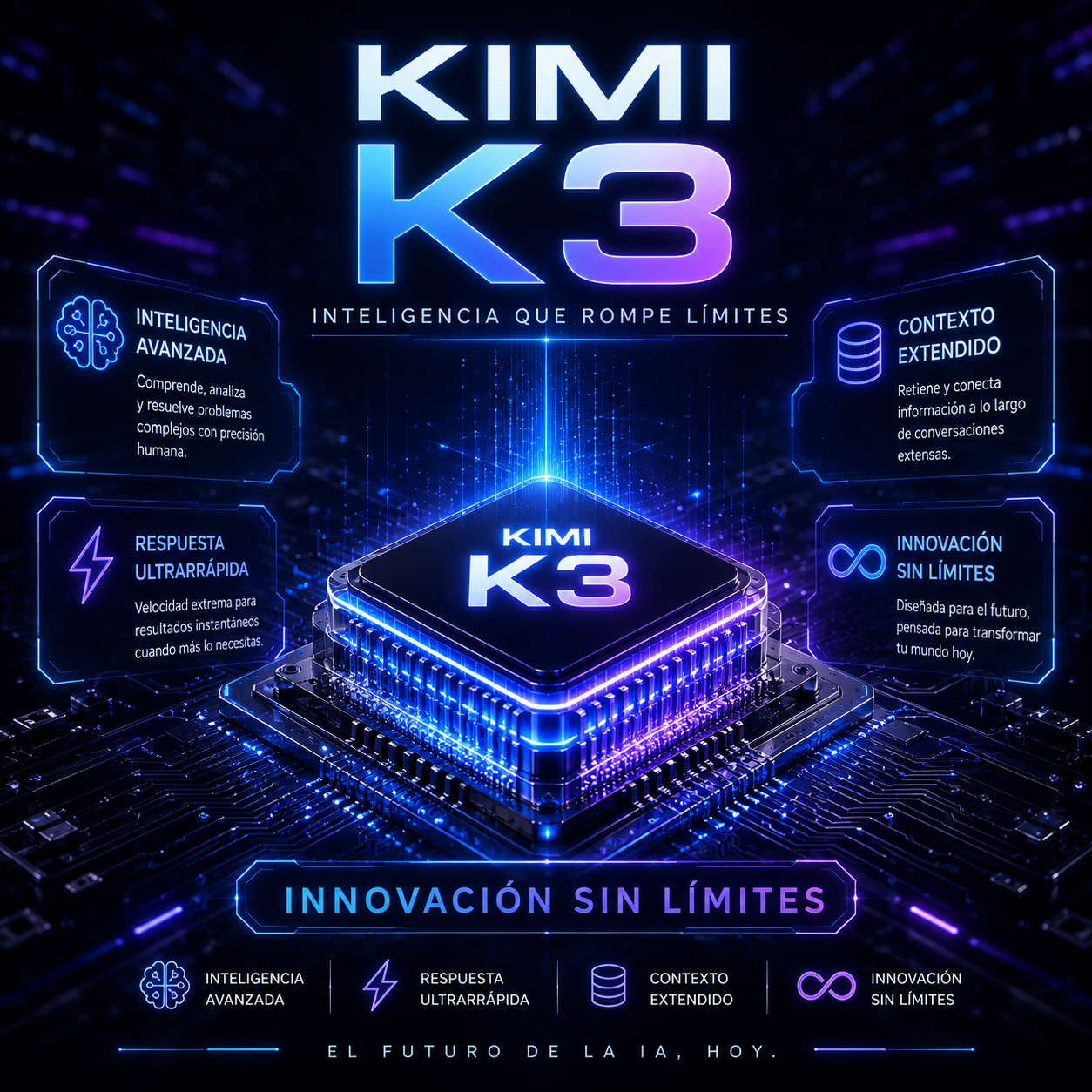 Imagen promocional de Kimi K3 con un chip de inteligencia artificial